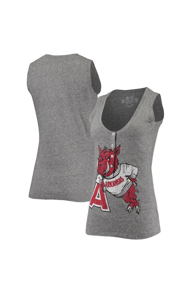 Retro Brand Women's Original Retro Brand Heathered Gray Arkansas Razorbacks Relaxed Henley Tri-Blend V-Neck Logo Tank Top, Main, color, Heather Gray