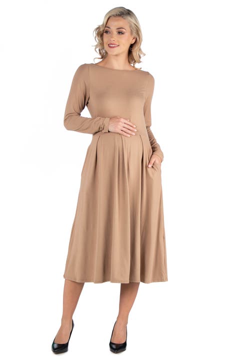 Maternity Midi Length Fit and Flare Pocket Dress