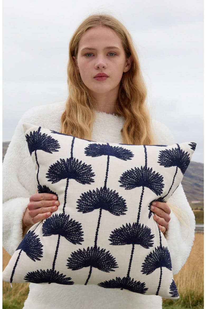 Palm Leaf Embroidered Throw Pillow, Alternate, color, NAVY / OFF WHITE