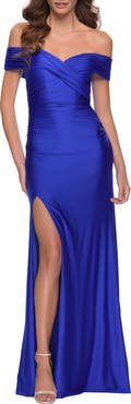 La Femme Off the Shoulder Chic Jersey Gown with Ruching