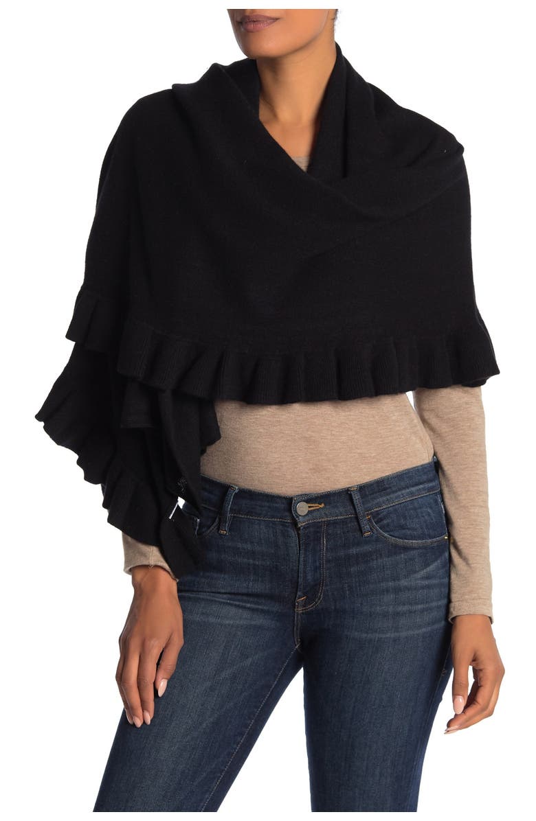 Portolano Ruffle Trim Cashmere Wrap Scarf, Main, color, Black