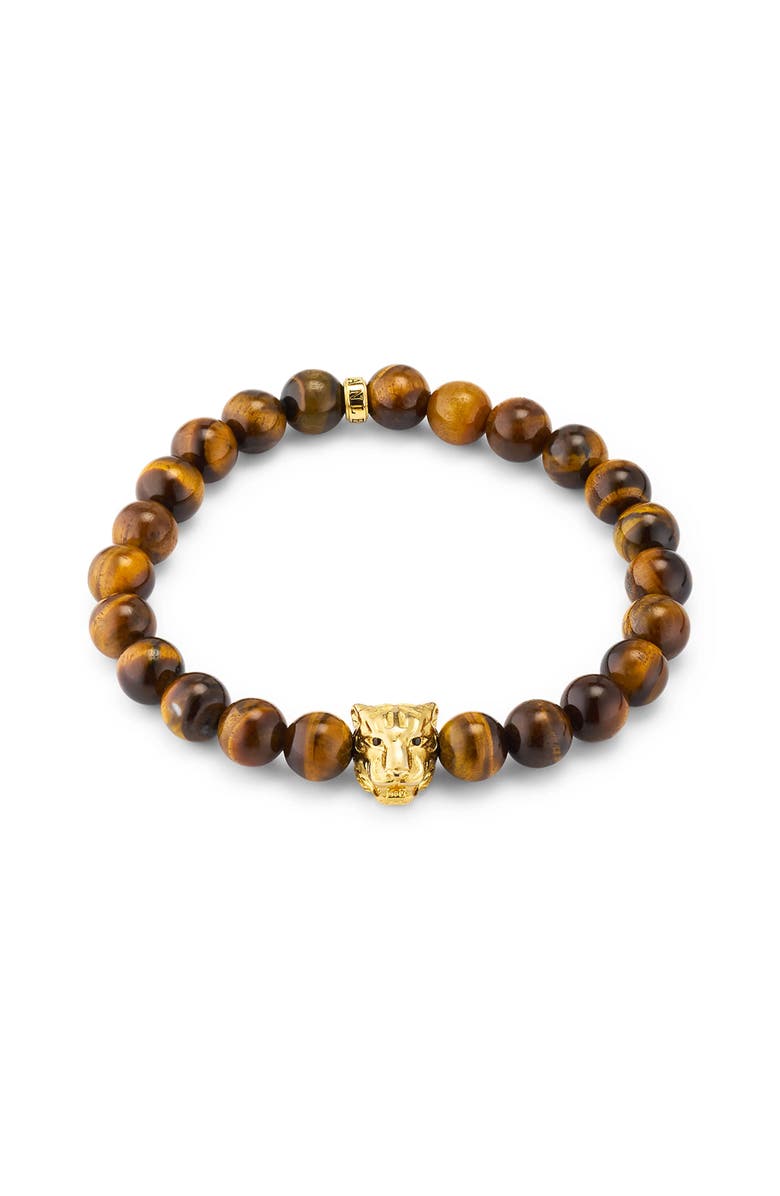 Jan Leslie 8mm Tigers Eye Bead Sterling Silver Bracelet With Gold Plated Tiger Center, Main, color, Brown