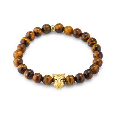 8mm Tigers Eye Bead Sterling Silver Bracelet With Gold Plated Tiger Center