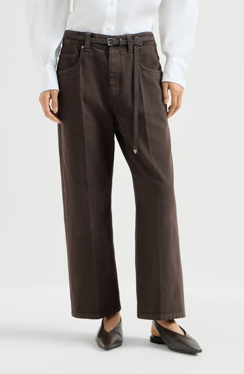 Dyed denim contemporary square trousers with monili