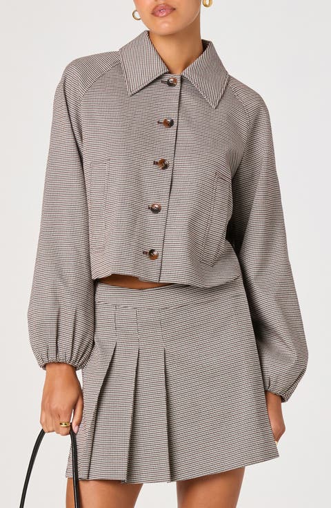 Houndstooth Check Balloon Sleeve Jacket