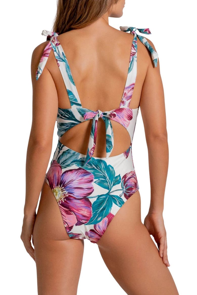 Bandeau Tie Strap One-Piece Swimsuit, Alternate, color, WHITE MULTI