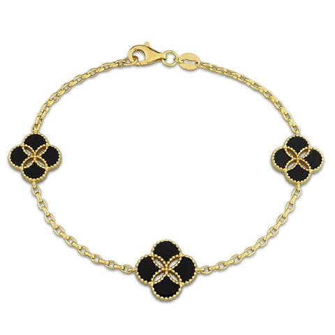 Black Agathe Floral Station Bracelet Yellow Silver