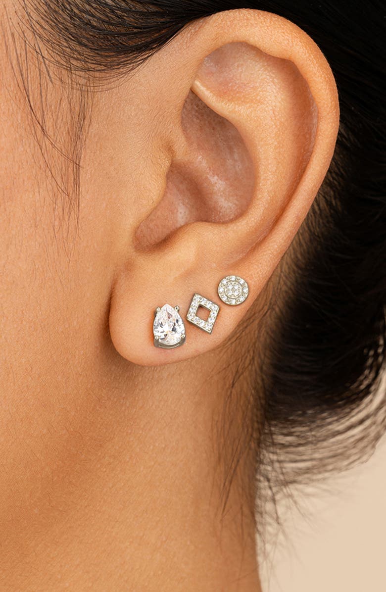Sterling Forever Sterling Silver CZ Geo Stud Earrings - Set of 3, Alternate, color, 
