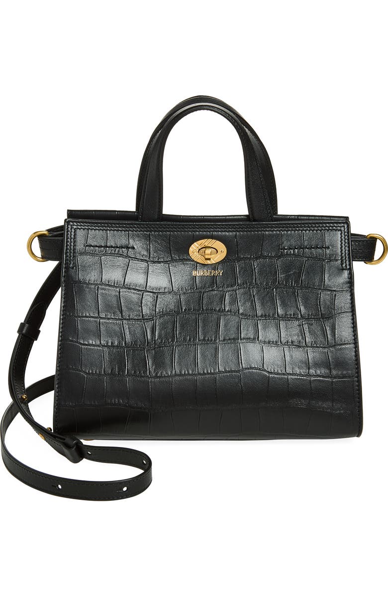 Burberry Mini Cotswolds Croc Embossed Leather Tote, Main, color, Black