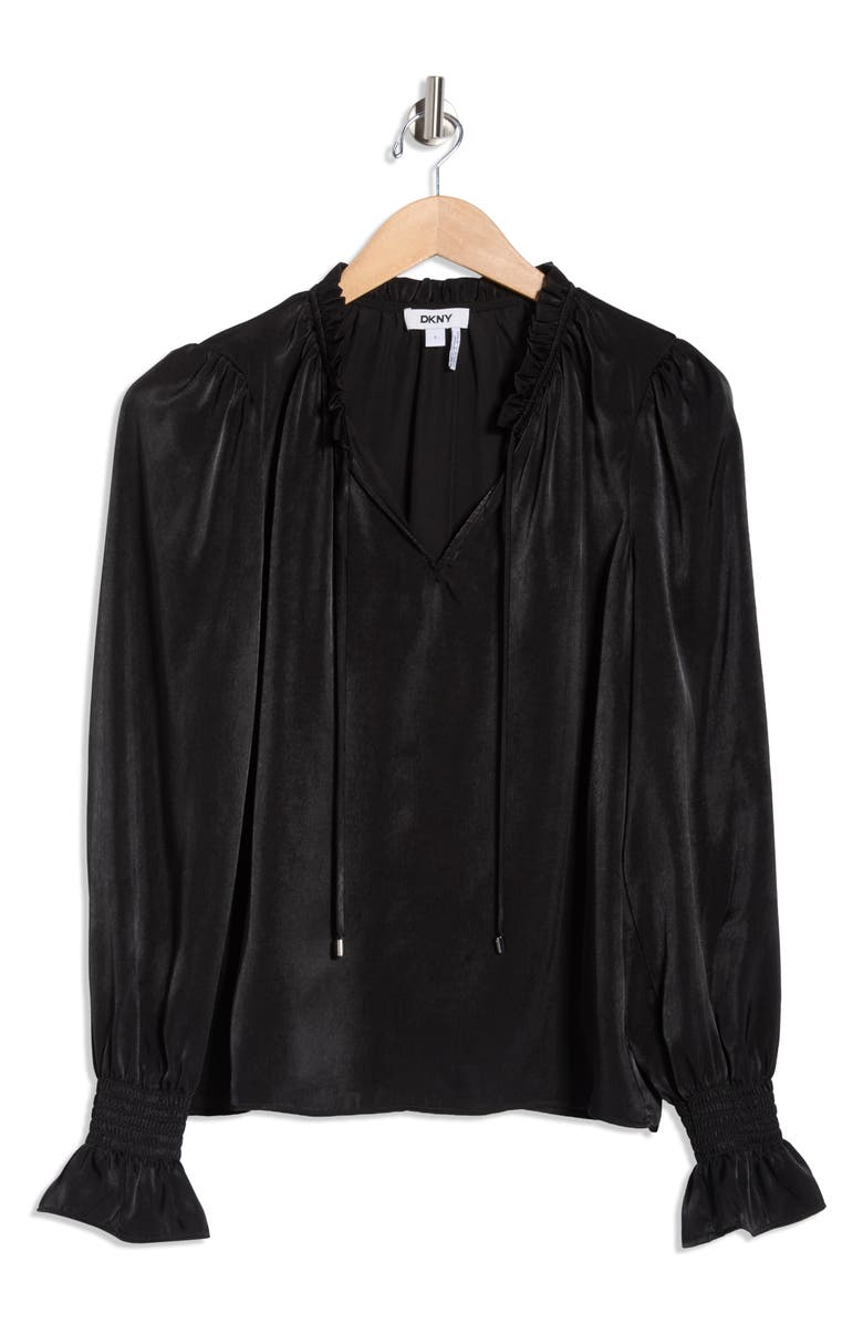 DKNY Crinkle Long Sleeve Top, Main, color, Black