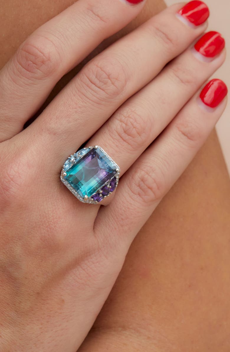 SAVVY CIE JEWELS Sterling Silver Bicolor Fluorite, Amethyst, Swiss Blue Topaz & White Zircon Ring, Alternate, color, 
