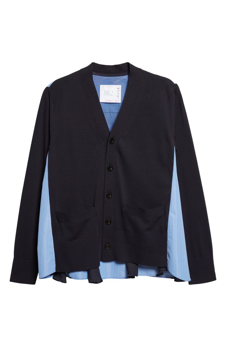 Sacai Mixed Stripe Media Poplin & Knit Cardigan, Main, color, Navy/ Blue Stripe