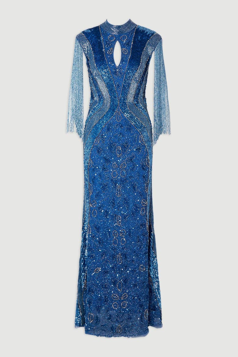 Petite Beaded Cap Sleeve Maxi Dress, Alternate, color, Blue