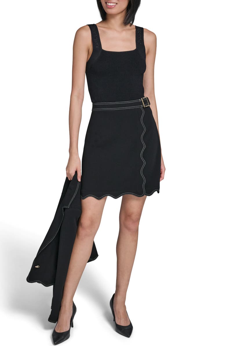 KARL LAGERFELD PARIS Belted Scalloped Hem Miniskirt, Alternate, color, Black