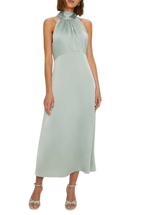 Oasis Satin Halter Neck Midi Bridesmaid Dress In Blue