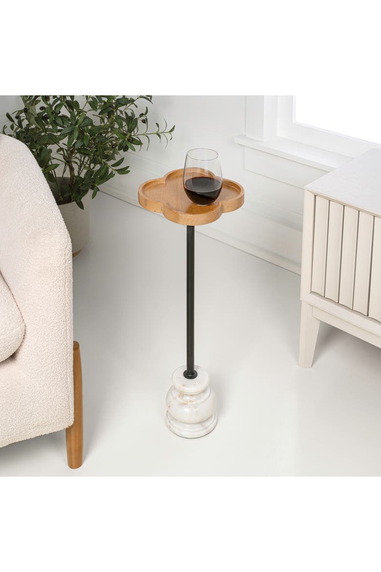 Colby Transitional Quatrefoil Top Drink Table - Iron Pedestal Marble Base Martini Accent End Table, Alternate, color, Natural/Black/White