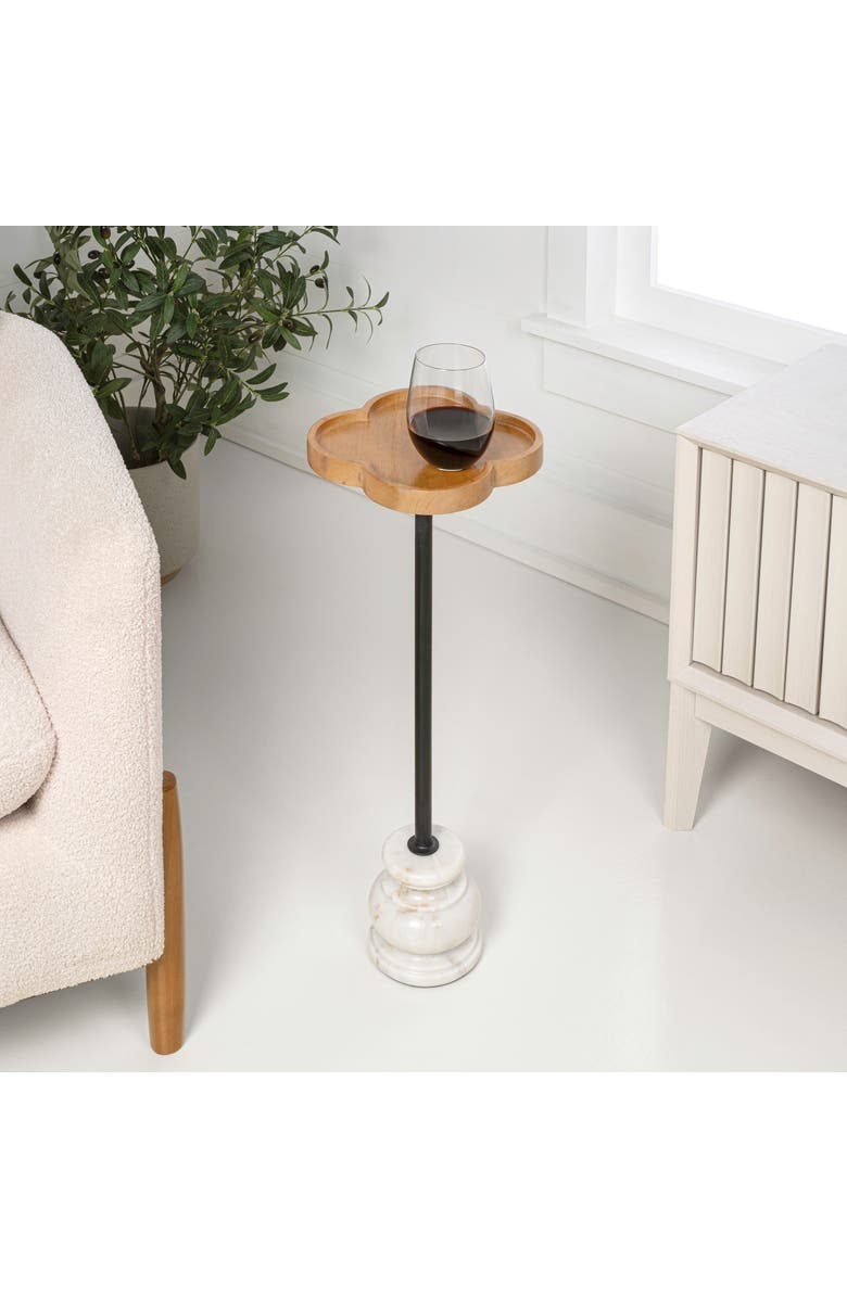 JONATHAN Y Colby 24.5" Classic Cottage Wood/Metal Drink Table and Decorative End Table with Quatrefoil Top and White Marble Base, Alternate, color, Natural/Black/White