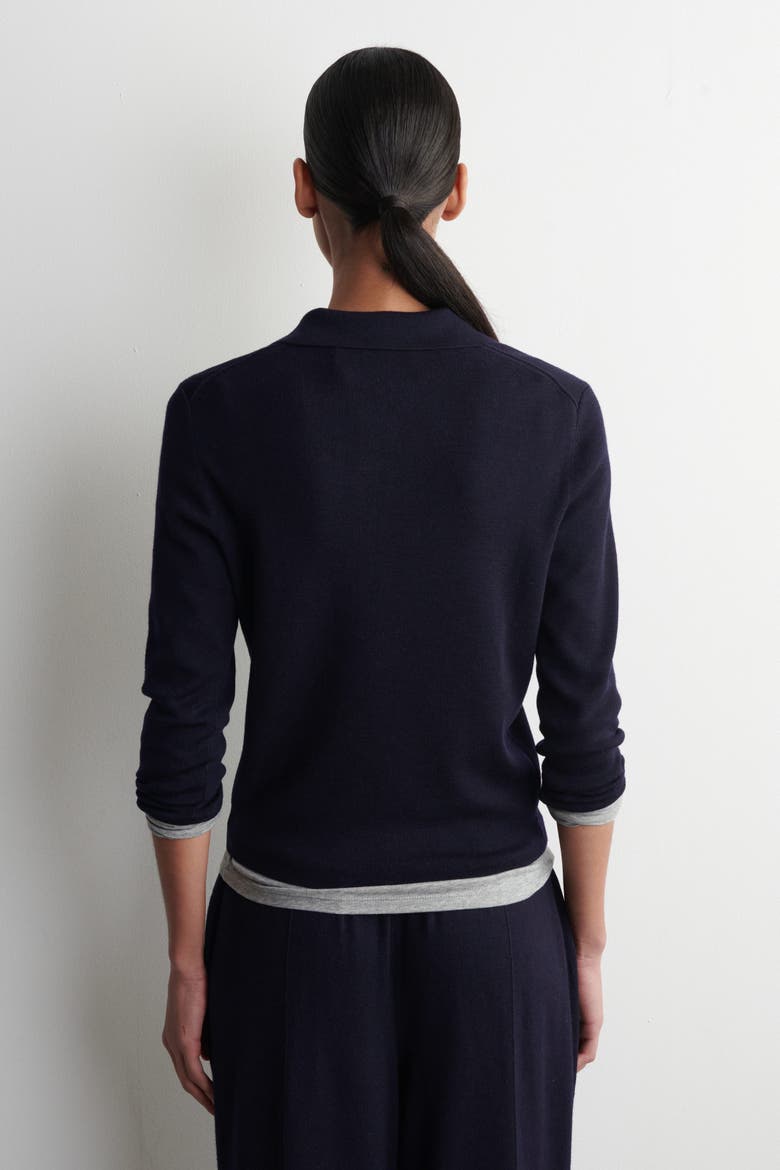 Cropped-sleeve Merino Wool Polo Shirt, Alternate, color, NAVY