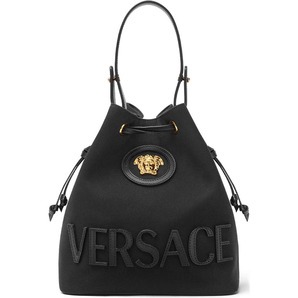 Versace La Medusa Canvas Bucket Bag In Black Gold