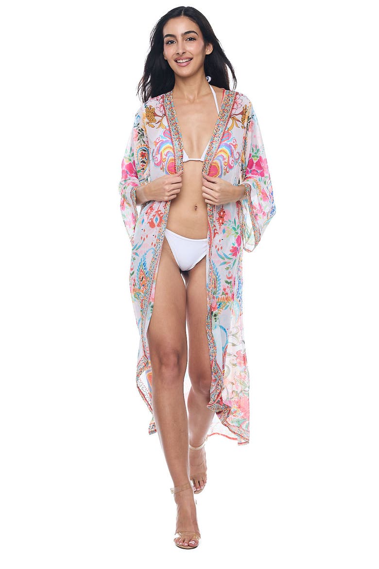 Floral Beaded Chiffon Duster, Alternate, color, WHITE