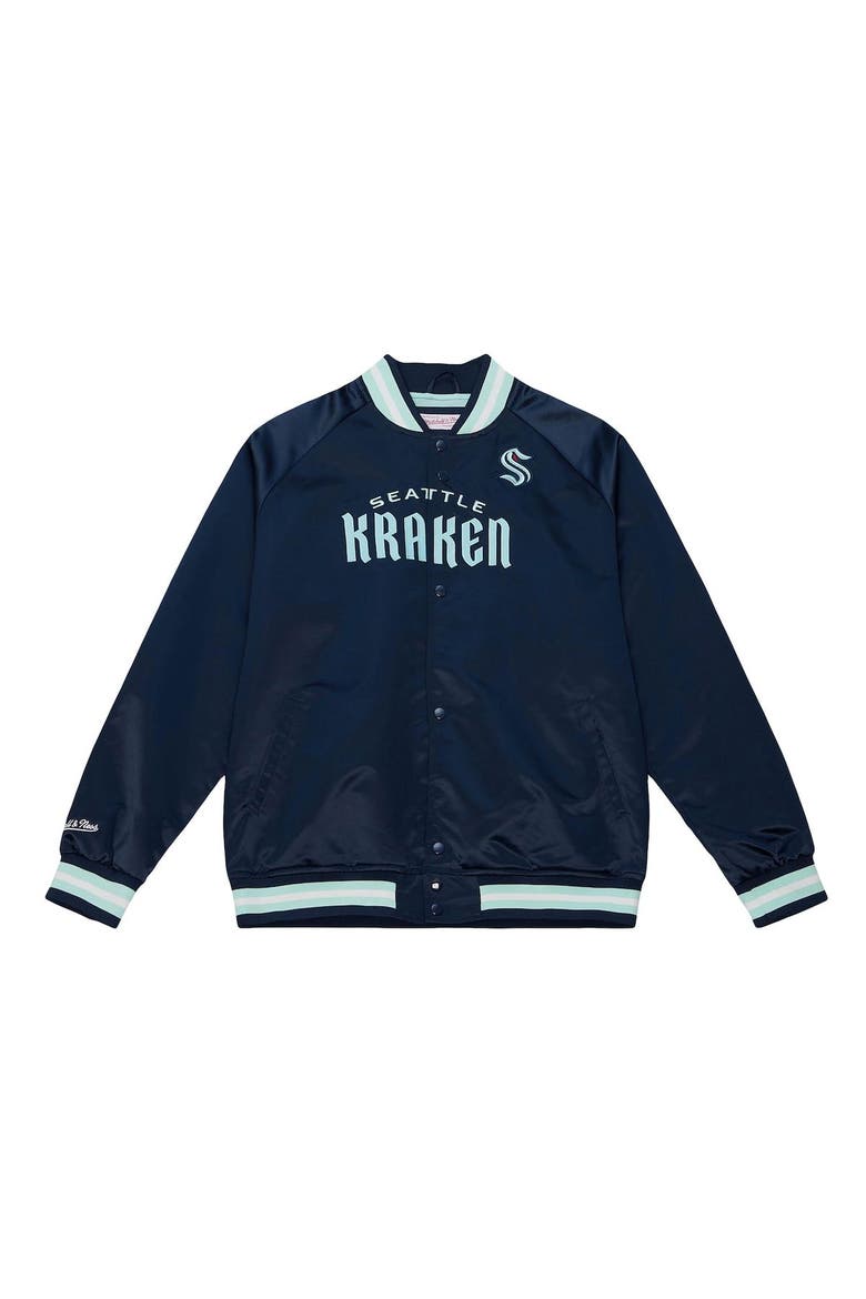 Men's Mitchell & Ness Deep Sea Blue Seattle Kraken Satin Full-Snap Raglan Varsity Jacket, Alternate, color, Navy