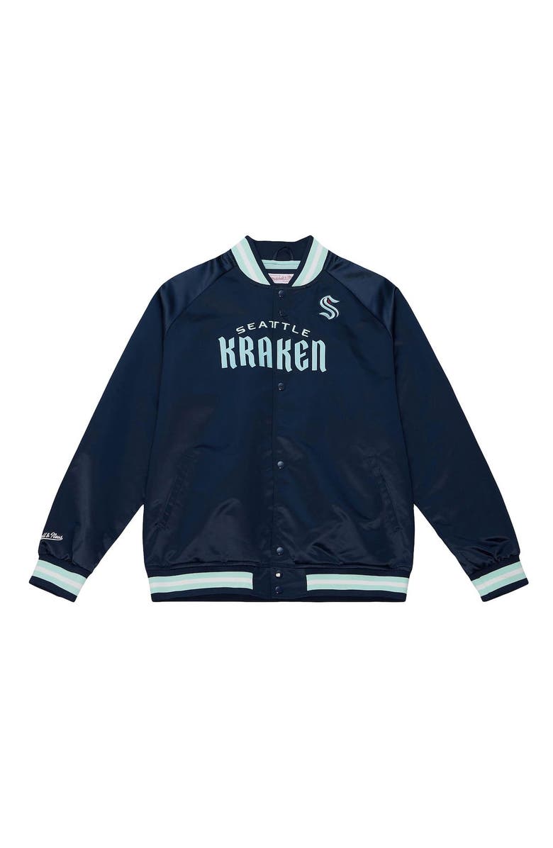 Mitchell & Ness Men's Mitchell & Ness Deep Sea Blue Seattle Kraken Satin Full-Snap Raglan Varsity Jacket, Alternate, color, Navy