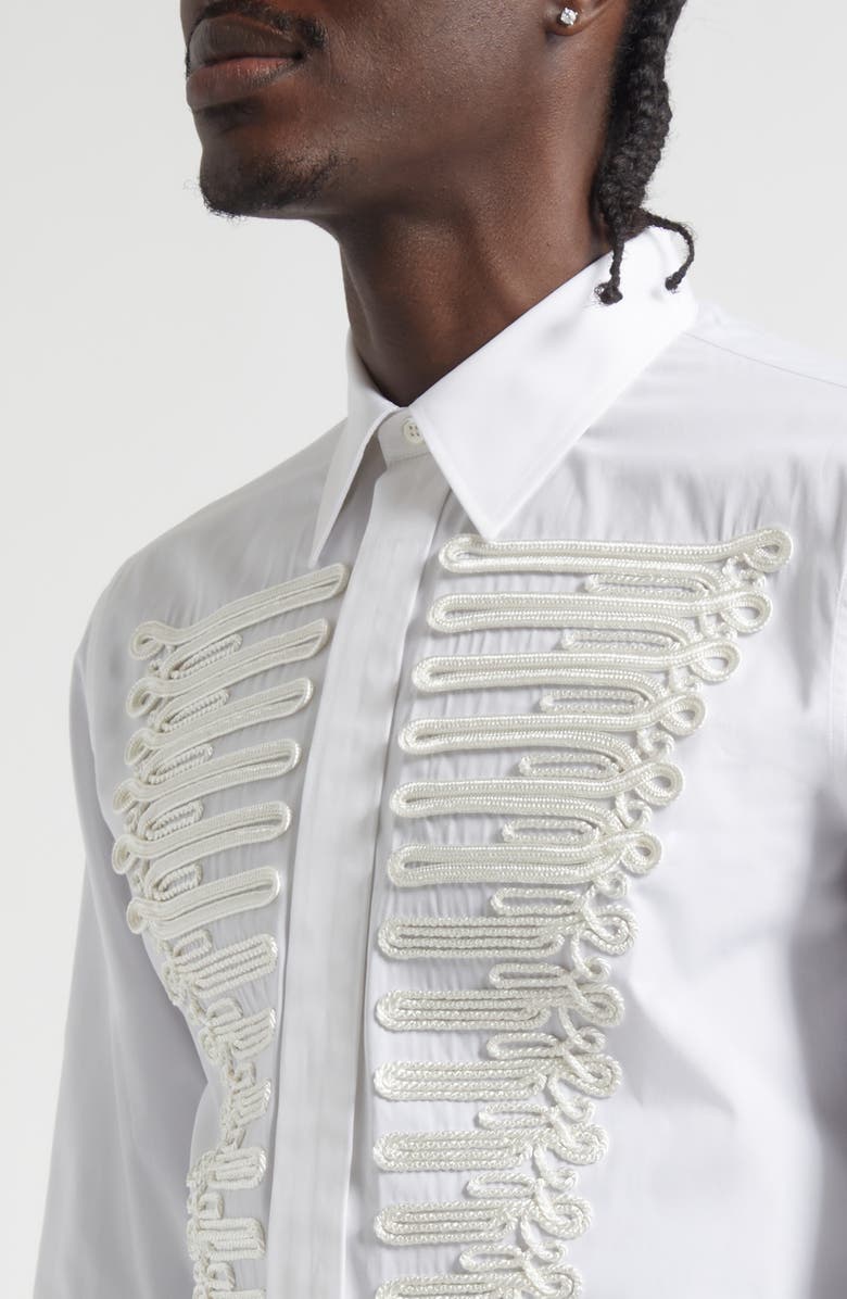 McQueen Ceremonial Soutache Embellished Cotton Poplin Button-Up Shirt, Alternate, color, Optical White