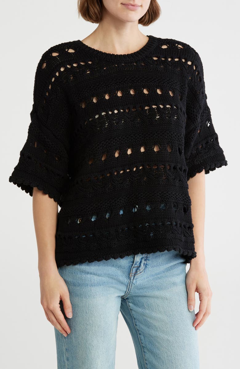 Melrose and Market Elbow Sleeve Cotton Pointelle Sweater, Main, color, Black