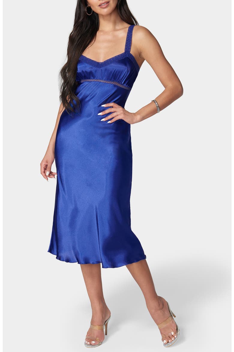 Lace Strap Satin Midi Slipdress, Main, color, BLUE