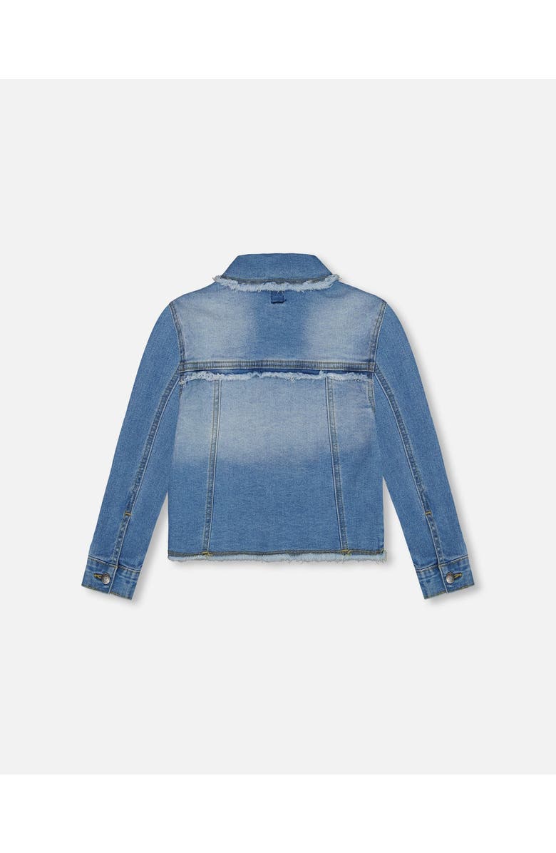 Deux par Deux Little Girl's Frayed Denim Jacket With Embroidery Jeans Blue, Alternate, color, 