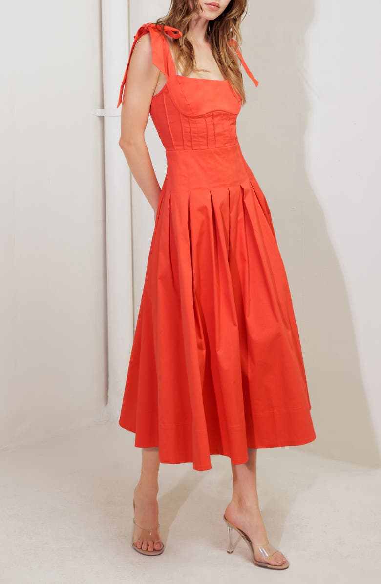 FREEMARKET Tie Strap Stretch Cotton Midi Dress, Alternate, color, Coral Red