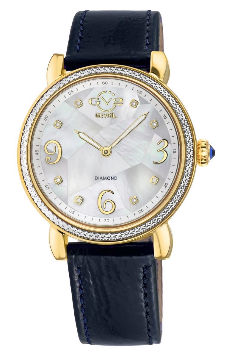 GV2 Ravenna Swiss Diamond Leather Strap Watch, 37mm - 0.005ct., Main, color, Black