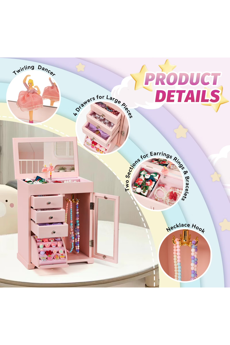 Wooden Pink Ballerina Musical Jewelry Storage Chest for Girls, Alternate, color, Pink