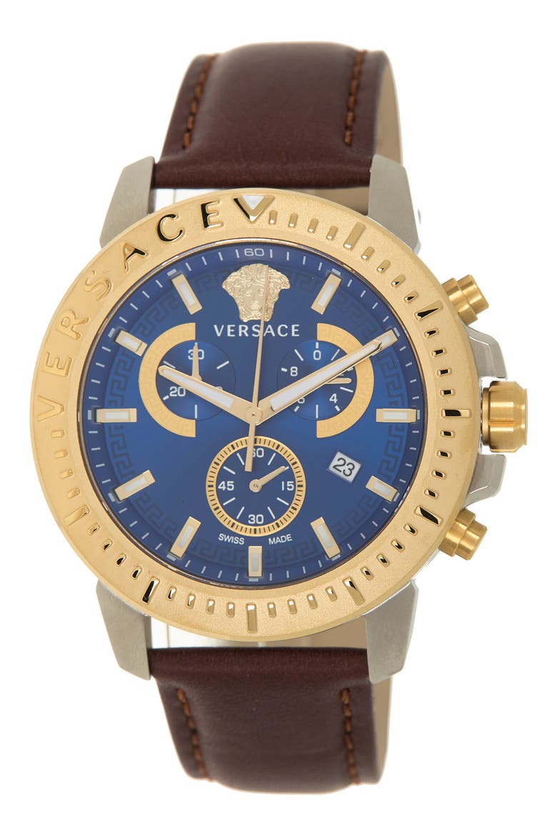 Chronograph Leather Strap Watch, 45mm, Main, color, STAINLESS STEEL