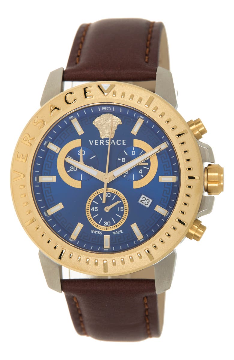 Versace Chronograph Leather Strap Watch, 45mm, Main, color, Stainless Steel