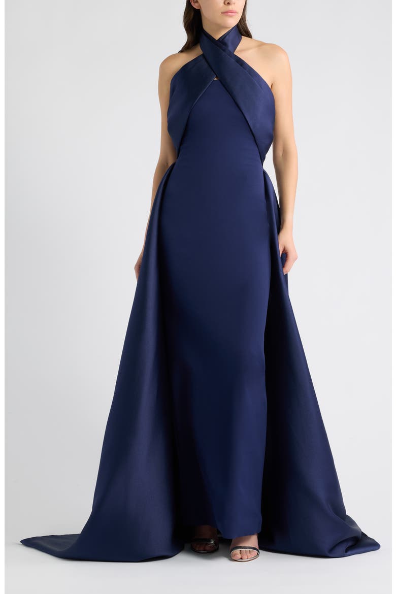Rumi Mixed Media Halter Gown, Main, color, NAVY