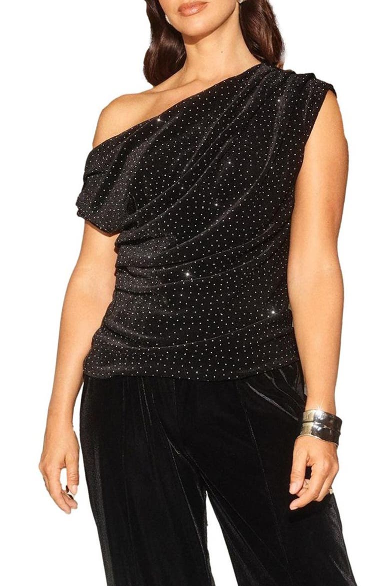 Diamante Embellished One Shoulder Velvet Top, Main, color, BLACK
