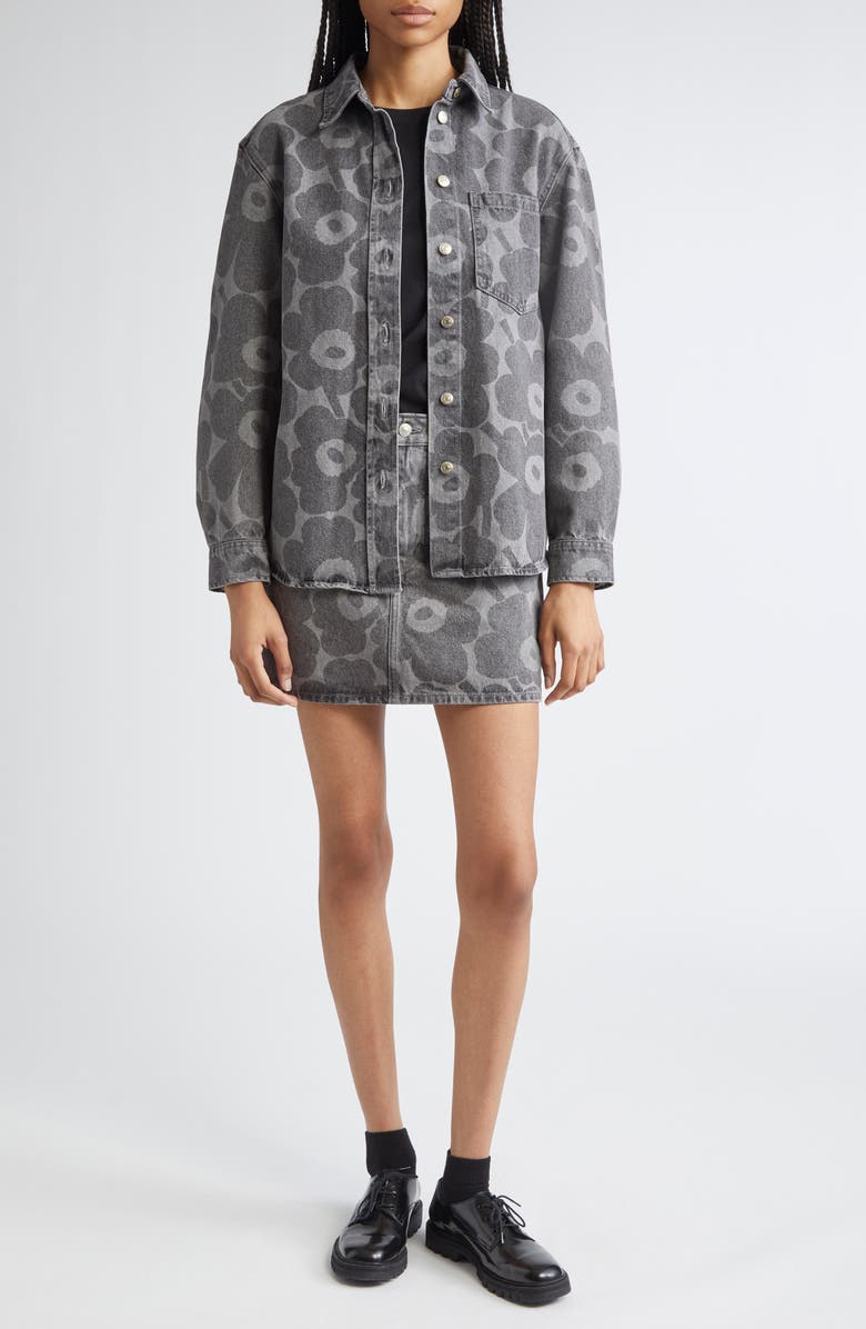 Marimekko Maridenim Ruudut Unikko Denim Miniskirt, Alternate, color, Light Grey