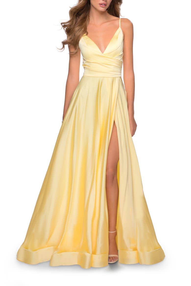 Strappy Back Satin Ballgown, Main, color, PALE YELLOW