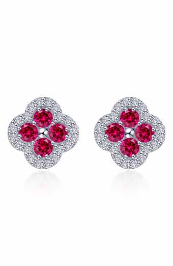 Lab Grown Ruby & Simulated Diamond Flower Stud Earrings