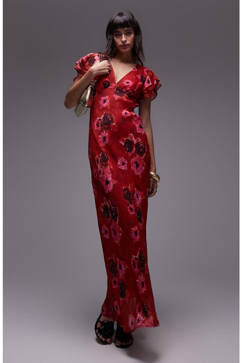 Floral Flutter Sleeve Maxi Dress, Main, color, PINK BLURRED FLORAL