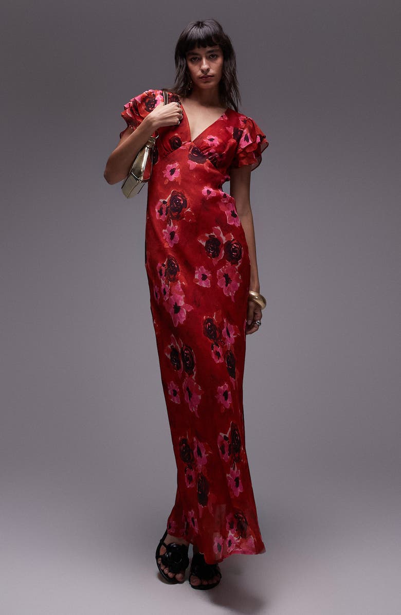 Topshop Floral Flutter Sleeve Maxi Dress, Main, color, 