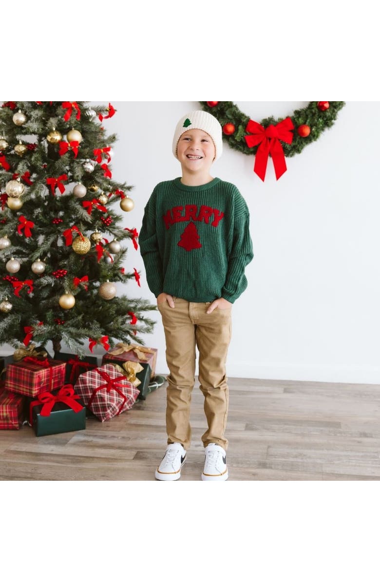 Sweet Wink Merry Patch Christmas Knit Sweater, Alternate, color, Forest Green