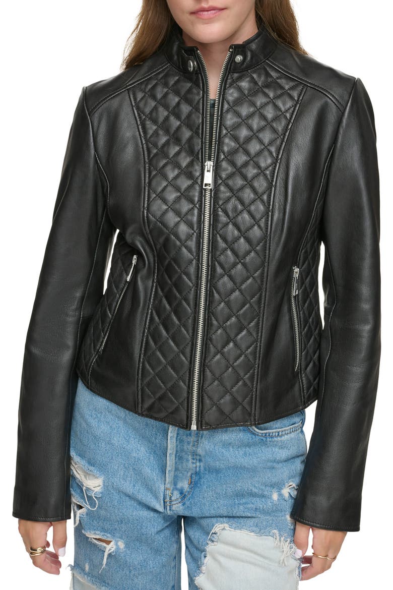 Quilted Panel Leather Jacket, Main, color, BLACK