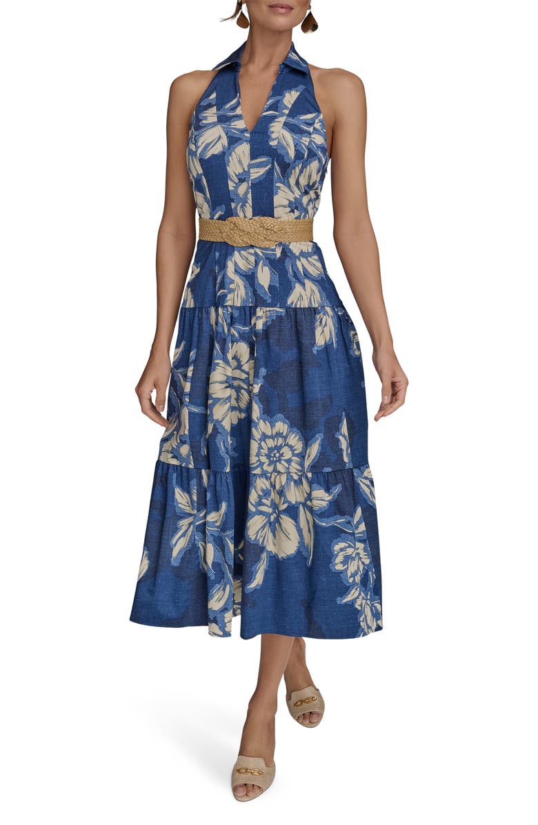 Donna Karan New York Belted Floral Halter Neck Midi Dress, Main, color, 