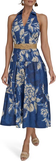 Donna Karan New York Belted Floral Halter Neck Midi Dress