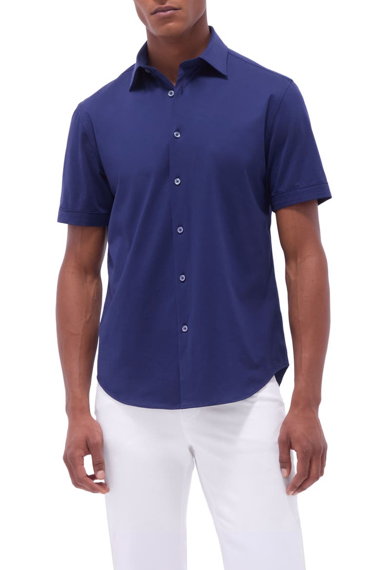 Miles OoohCotton® Solid Short Sleeve Button-Up Shirt, Main, color, NAVY