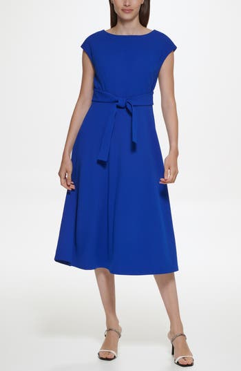 Calvin Klein Cap Sleeve Scuba Crepe Midi Dress In Blue