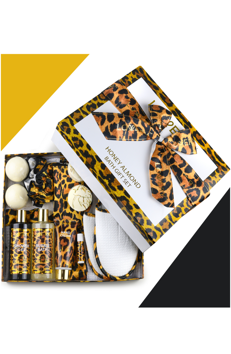 Lovery Luxe Leopard Honey Almond Bath Gift Box - 17Pc Home Spa Kit, Alternate, color, Leopard