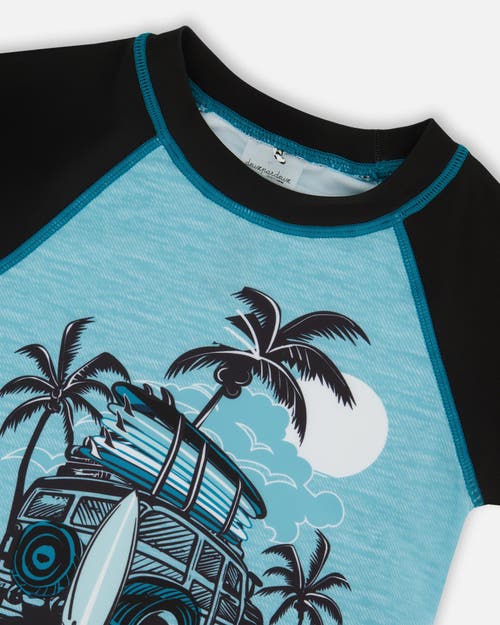 Deux Par Deux Boys' Short Sleeve Rashguard - Little Kid, Big Kid In Light Blue And Black